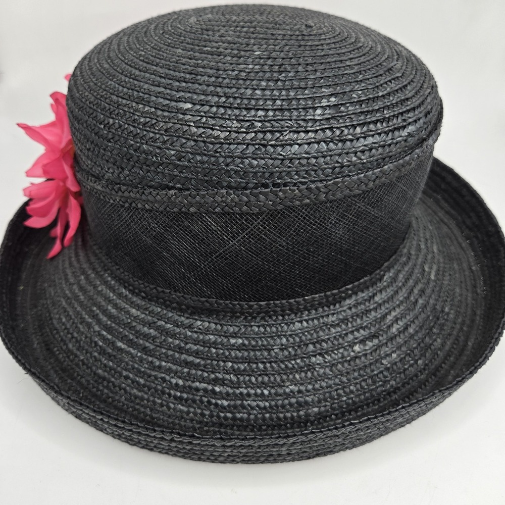 Betmar New York Black Straw Hat Pink Floral Accent Derby Polo Chic Summer - Picture 5 of 6